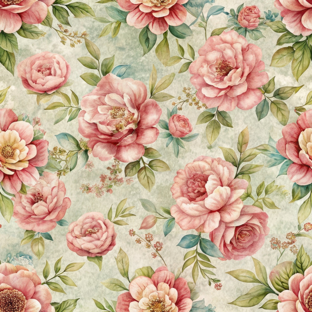 pink roses, coral flowers, sage green leaves, cream background, vintage floral, watercolor style, botanical pattern,, fabric panel, romantic blooms, soft pastels, garden flowers, delicate petals, floral motifs, cottage core, shabby chic, rose garden, blush tones, nature inspired, seamless repeat