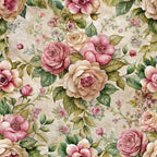 floral pattern, vintage roses, pink flowers, cream background, botanical design,, fabric panel, watercolor style, romantic florals, dusty rose, sage green, ivory, blush pink, garden flowers, cottagecore aesthetic, shabby chic, soft pastels, nature motifs, repeating pattern, delicate blooms