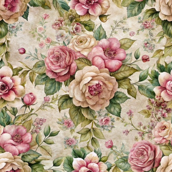 floral pattern, vintage roses, pink flowers, cream background, botanical design,, fabric panel, watercolor style, romantic florals, dusty rose, sage green, ivory, blush pink, garden flowers, cottagecore aesthetic, shabby chic, soft pastels, nature motifs, repeating pattern, delicate blooms