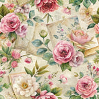 pink roses, vintage letters, watercolor florals, botanical illustration, cream background, dusty rose, sage green, romantic flowers,, fabric panel, vintage ephemera, floral arrangement, soft pastels, garden roses, delicate petals, shabby chic, cottage core, feminine florals, antique papers, blooming flowers
