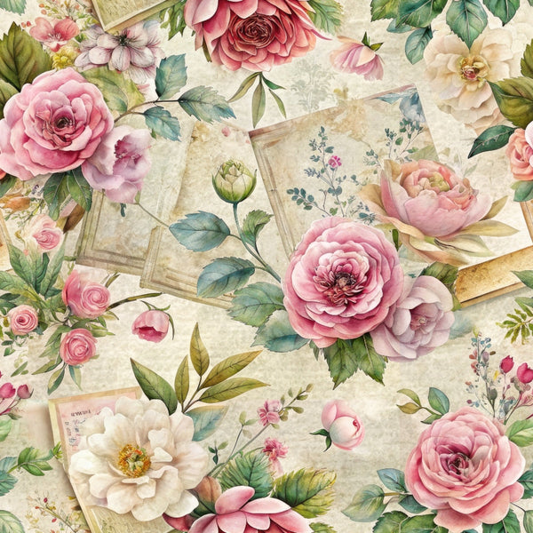 pink roses, vintage letters, watercolor florals, botanical illustration, cream background, dusty rose, sage green, romantic flowers,, fabric panel, vintage ephemera, floral arrangement, soft pastels, garden roses, delicate petals, shabby chic, cottage core, feminine florals, antique papers, blooming flowers