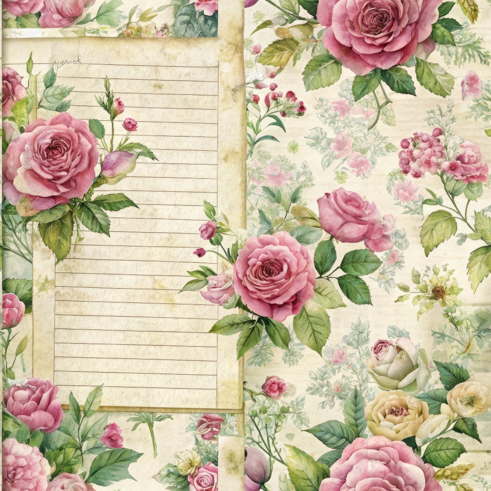floral pattern, pink roses, vintage flowers, cream background, green leaves,, fabric panel, botanical design, romantic style, shabby chic, lined paper, journal page, dusty rose, sage green, watercolor style, cottage core, garden flowers, soft pastels, english roses, vintage ephemera