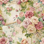 vintage floral, roses, pink flowers, cream background, botanical design, garden roses, romantic style, peonies, green leaves, shabby chic, cottage core,, fabric panel, dusty rose, blush pink, sage green, antique postcards, ephemera elements, watercolor style, soft pastels