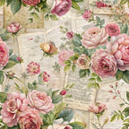 pink roses, vintage papers, blush pink, sage green, cream background, aged documents, botanical illustration, romantic florals,, fabric panel, ephemera design, watercolor style, rose buds, green leaves, antique letters, soft pastels, floral arrangement, nostalgic mood, vintage aesthetic, delicate petals