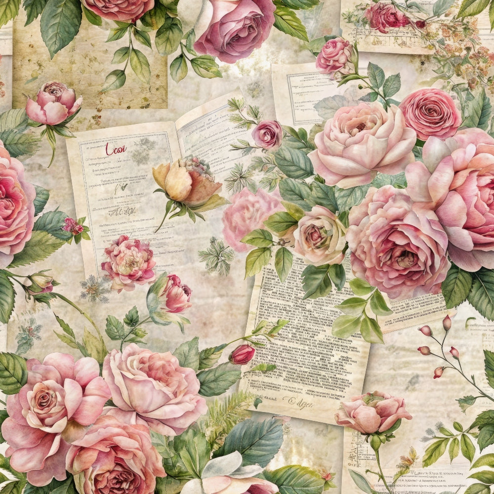 pink roses, vintage papers, blush pink, sage green, cream background, aged documents, botanical illustration, romantic florals,, fabric panel, ephemera design, watercolor style, rose buds, green leaves, antique letters, soft pastels, floral arrangement, nostalgic mood, vintage aesthetic, delicate petals