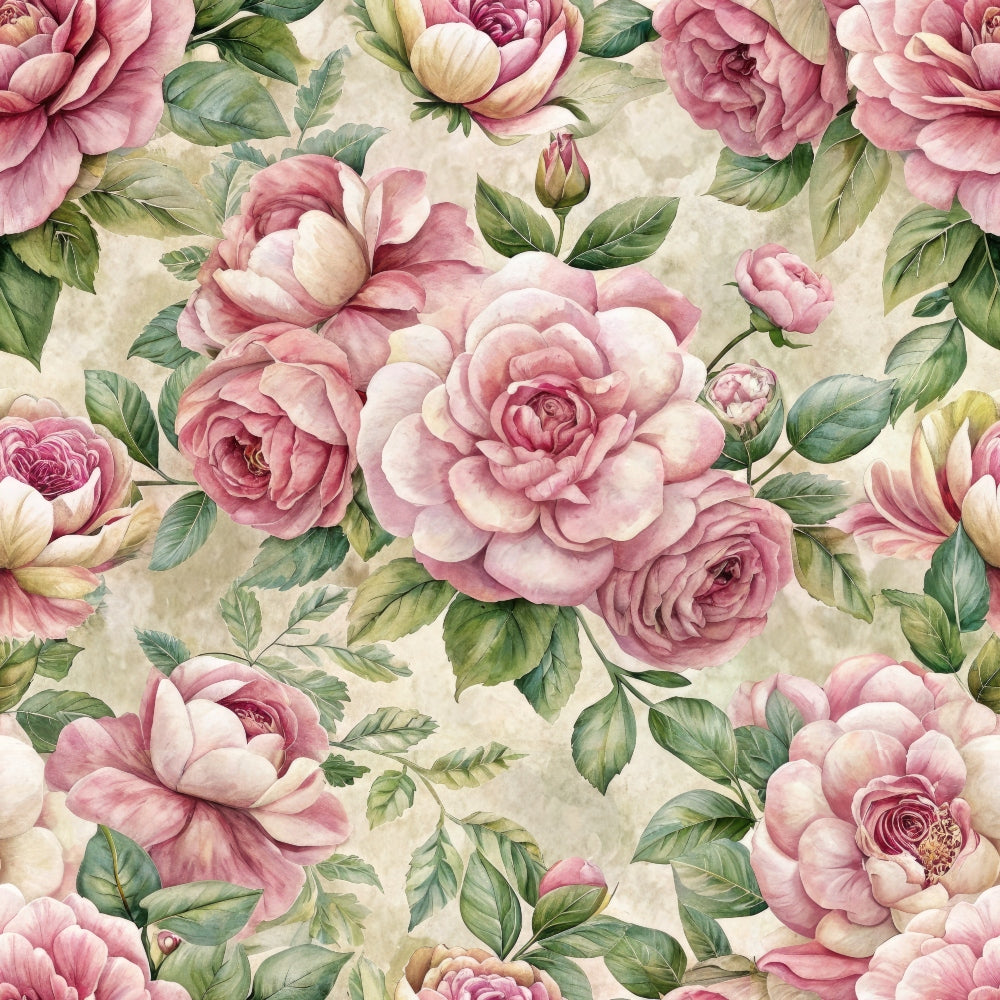 pink roses, cream background, dusty rose, sage green, floral pattern, vintage botanical, rose buds, layered petals, romantic florals,, fabric panel, watercolor style, soft pastels, blooming roses, green leaves, feminine design, cottage core, shabby chic, repeating pattern, delicate flowers