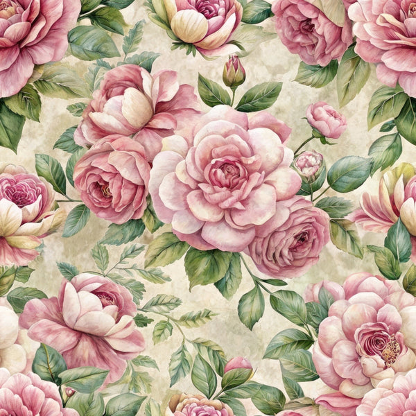pink roses, cream background, dusty rose, sage green, floral pattern, vintage botanical, rose buds, layered petals, romantic florals,, fabric panel, watercolor style, soft pastels, blooming roses, green leaves, feminine design, cottage core, shabby chic, repeating pattern, delicate flowers