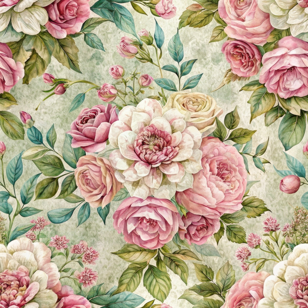 pink roses, cream flowers, sage green, dusty pink, botanical pattern, vintage floral, watercolor style, romantic blooms,, fabric panel, rose bouquets, soft pastels, garden flowers, delicate petals, floral repeat, cottage core, shabby chic, nature motif, blush tones, leafy vines