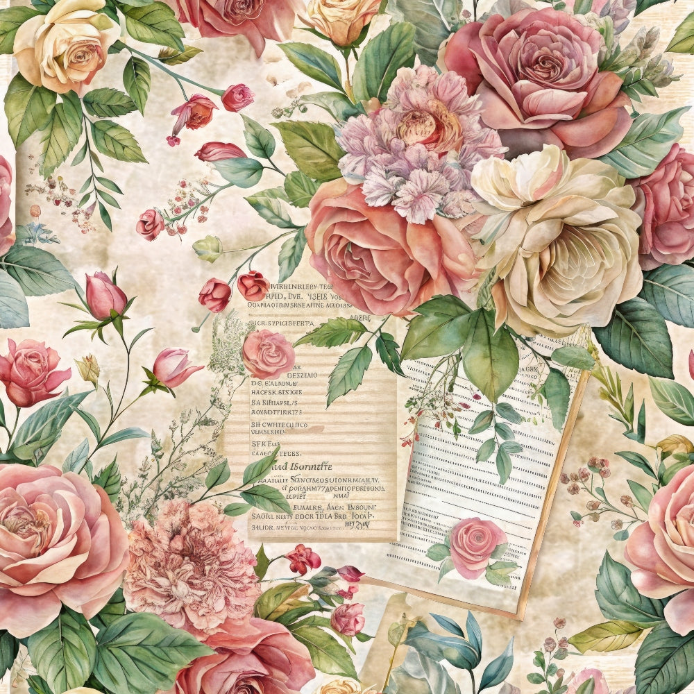 rose pink, cream, sage green, coral, vintage roses, floral pattern, botanical design, ephemera style, antique papers, peonies, rose buds, watercolor effect, romantic florals,, fabric panel, dusty rose, blush tones, garden flowers, cottagecore aesthetic, soft pastels