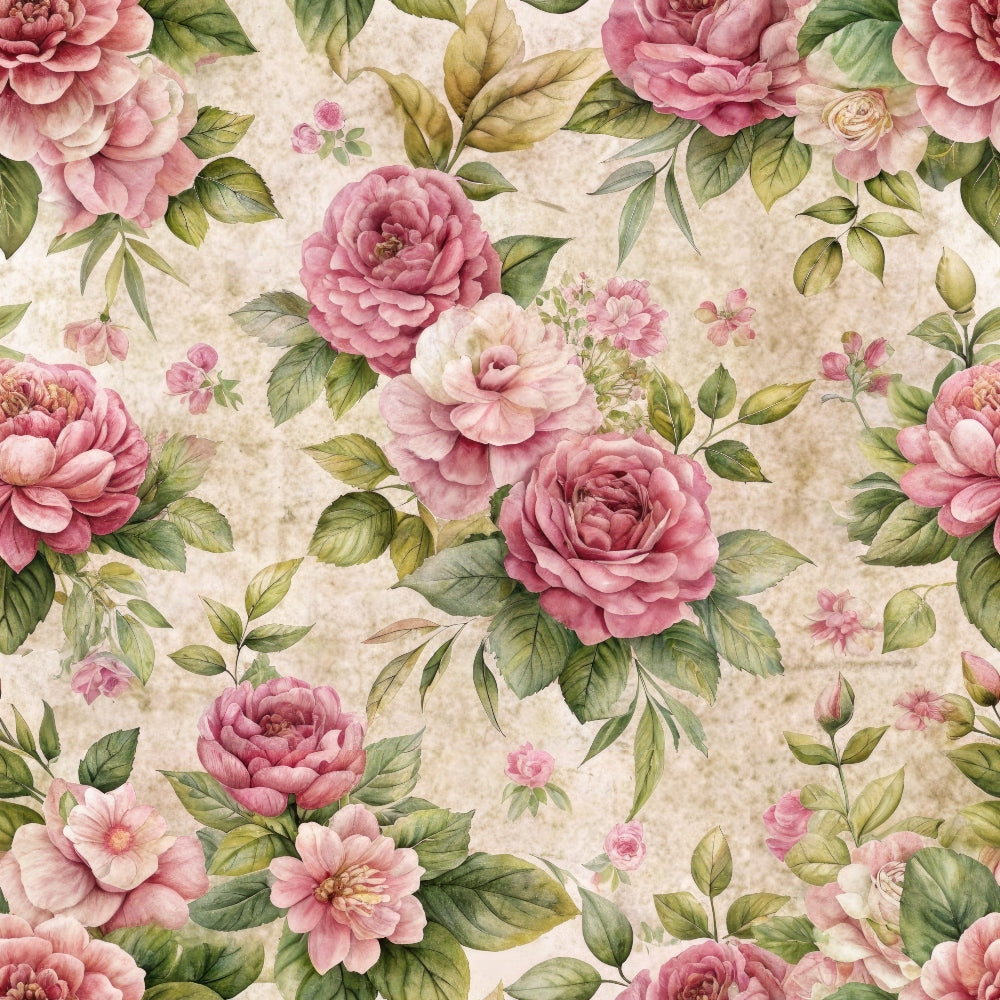 pink roses, coral flowers, green leaves, cream background, vintage floral, botanical pattern,, fabric panel, romantic blooms, dusty rose, sage green, watercolor style, garden flowers, feminine design, cottage core, floral motifs, layered petals, natural elements, soft pastels, repeating pattern