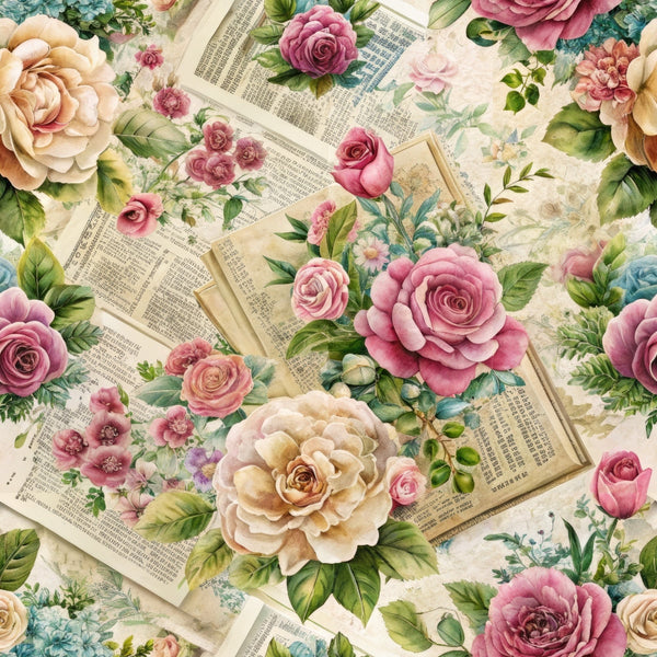 vintage roses, pink flowers, cream roses, peach blooms, floral pattern, old book pages, dictionary pages, botanical design, cottage core, romantic florals, green leaves, dusty rose, antique paper, layered florals, vintage ephemera,, fabric panel, soft pastels, nostalgic design, shabby chic