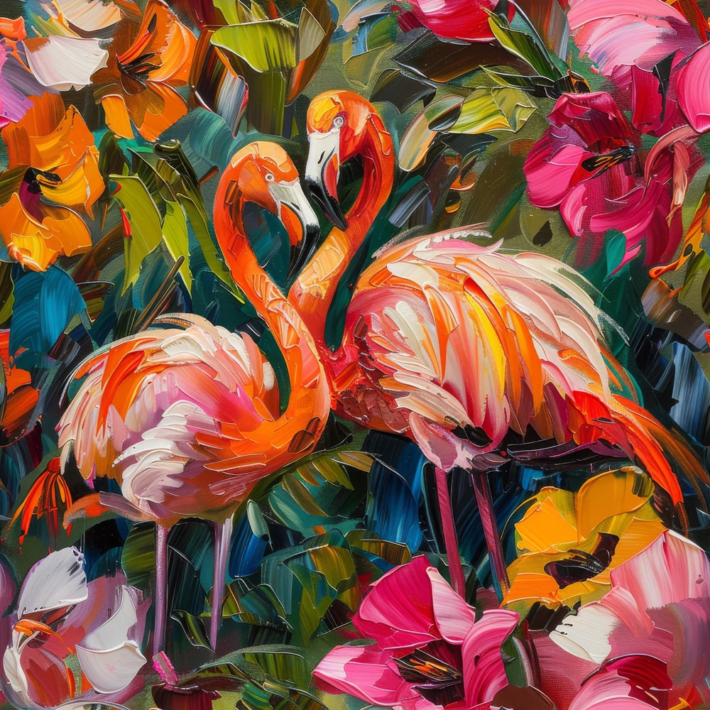 flamingos, tropical birds, pink flamingos, orange, coral, magenta, green foliage, tropical flowers, hibiscus, painterly style, brushstroke texture, vibrant colors, exotic birds, jungle setting,, fabric panel, tropical paradise, artistic rendering, nature scene, wildlife motif