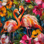 flamingos, tropical birds, pink flamingos, orange, coral, magenta, green foliage, tropical flowers, hibiscus, painterly style, brushstroke texture, vibrant colors, exotic birds, jungle setting,, fabric panel, tropical paradise, artistic rendering, nature scene, wildlife motif
