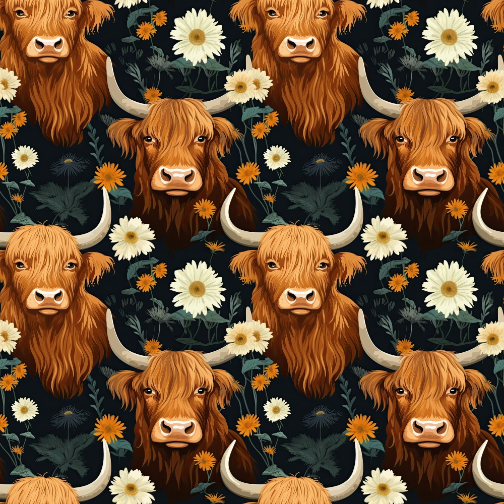 highland cows, floral pattern, orange flowers, white daisies, russet brown, dark navy background, long horns, shaggy fur,, fabric panel, repeating pattern, botanical elements, green foliage, farm animals, scottish cattle, decorative florals, seamless design, nature motifs
