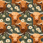orange, rust, cream, sage green, highland cattle, horned cows, white daisies, floral motifs, botanical elements, repeating pattern,, fabric panel, pastoral theme, farmhouse style, nature inspired, folk art style, whimsical design, country animals, meadow flowers, rustic charm