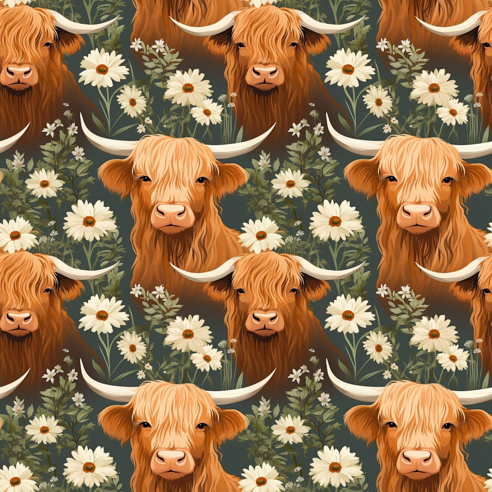 orange, rust, cream, sage green, highland cattle, horned cows, white daisies, floral motifs, botanical elements, repeating pattern,, fabric panel, pastoral theme, farmhouse style, nature inspired, folk art style, whimsical design, country animals, meadow flowers, rustic charm