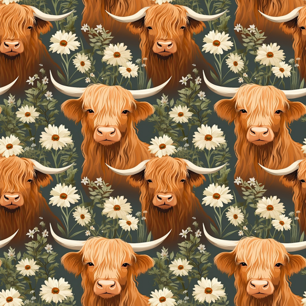 orange, rust, cream, sage green, highland cattle, horned cows, white daisies, floral motifs, botanical elements, repeating pattern,, fabric panel, pastoral theme, farmhouse style, nature inspired, folk art style, whimsical design, country animals, meadow flowers, rustic charm