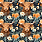 highland cows, floral pattern, orange flowers, white daisies, peach blooms, sage green foliage, navy blue background, brown cattle, horned cows, repeating pattern,, fabric panel, botanical elements, pastoral theme, farm animals, whimsical style, cottagecore aesthetic, nature motifs, seamless design