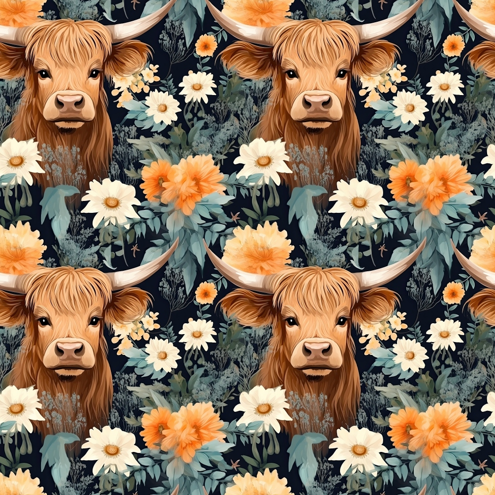 highland cows, floral pattern, orange flowers, white daisies, peach blooms, sage green foliage, navy blue background, brown cattle, horned cows, repeating pattern,, fabric panel, botanical elements, pastoral theme, farm animals, whimsical style, cottagecore aesthetic, nature motifs, seamless design