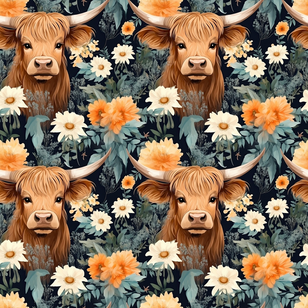 highland cows, floral pattern, orange flowers, white daisies, peach blooms, sage green foliage, navy blue background, brown cattle, horned cows, repeating pattern,, fabric panel, botanical elements, pastoral theme, farm animals, whimsical style, cottagecore aesthetic, nature motifs, seamless design