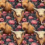 highland cows, floral pattern, pink flowers, brown cattle, horned cows,, fabric panel, botanical design, pink peonies, orange brown, dusty pink, gray green foliage, repeating pattern, farmhouse style, rustic animals, scottish cattle, long haired cows, vintage illustration, country theme, pastoral scene