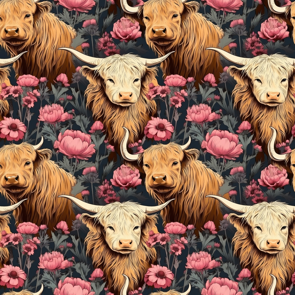 highland cows, floral pattern, pink flowers, brown cattle, horned cows,, fabric panel, botanical design, pink peonies, orange brown, dusty pink, gray green foliage, repeating pattern, farmhouse style, rustic animals, scottish cattle, long haired cows, vintage illustration, country theme, pastoral scene