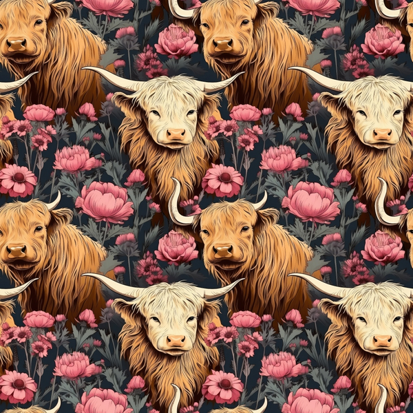 highland cows, floral pattern, pink flowers, brown cattle, horned cows,, fabric panel, botanical design, pink peonies, orange brown, dusty pink, gray green foliage, repeating pattern, farmhouse style, rustic animals, scottish cattle, long haired cows, vintage illustration, country theme, pastoral scene