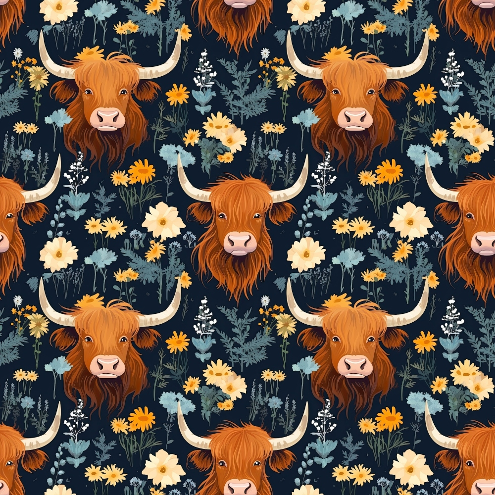 highland cattle, floral pattern, orange brown, navy blue, cream flowers, yellow daisies, horned cows, scottish cattle, botanical design,, fabric panel, repeating pattern, folk art style, pastoral theme, farm animals, wildflowers, rustic charm, cottagecore aesthetic, nature motif