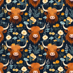 highland cattle, floral pattern, orange brown, navy blue, cream flowers, yellow daisies, horned cows, scottish cattle, botanical design,, fabric panel, repeating pattern, folk art style, pastoral theme, farm animals, wildflowers, rustic charm, cottagecore aesthetic, nature motif