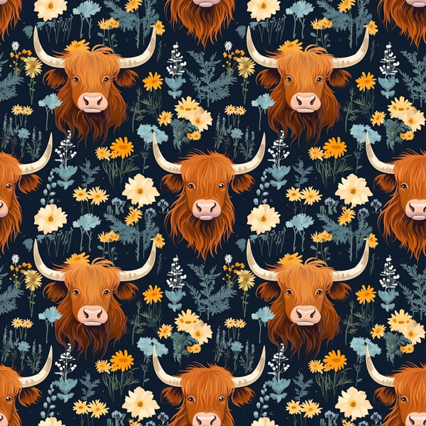 highland cattle, floral pattern, orange brown, navy blue, cream flowers, yellow daisies, horned cows, scottish cattle, botanical design,, fabric panel, repeating pattern, folk art style, pastoral theme, farm animals, wildflowers, rustic charm, cottagecore aesthetic, nature motif
