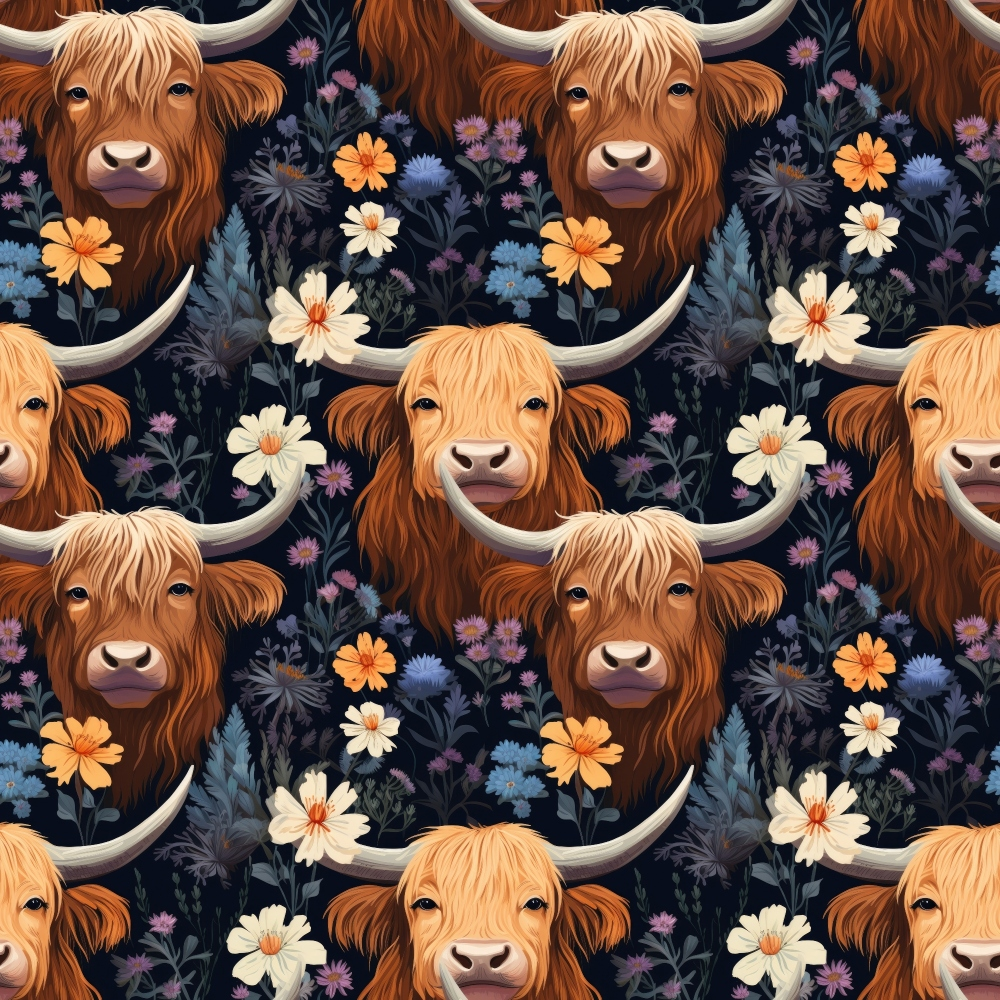 highland cattle, floral pattern, orange flowers, cream flowers, purple blooms, dark navy background, long horned cows, shaggy fur, botanical elements,, fabric panel, repeating pattern, rustic animals, cottage core, wildflowers, scottish cattle, farmhouse style, nature motifs, textile design, crafting material