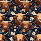 highland cattle, floral pattern, orange flowers, cream flowers, purple blooms, dark navy background, long horned cows, shaggy fur, botanical elements,, fabric panel, repeating pattern, rustic animals, cottage core, wildflowers, scottish cattle, farmhouse style, nature motifs, textile design, crafting material