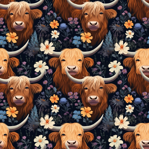 highland cattle, floral pattern, orange flowers, cream flowers, purple blooms, dark navy background, long horned cows, shaggy fur, botanical elements,, fabric panel, repeating pattern, rustic animals, cottage core, wildflowers, scottish cattle, farmhouse style, nature motifs, textile design, crafting material