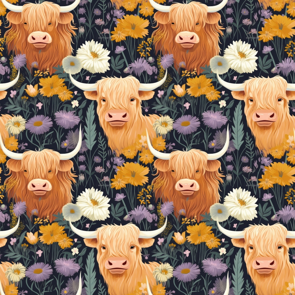 highland cows, floral pattern, orange flowers, purple blooms, white daisies, botanical design, farm animals, cute cows,, fabric panel, repeating pattern, rustic charm, country style, pastoral theme, wildflowers, meadow flowers, auburn hair, horned cattle, nature motifs, whimsical illustration