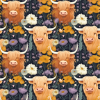 highland cows, floral pattern, orange flowers, purple blooms, white daisies, botanical design, farm animals, cute cows,, fabric panel, repeating pattern, rustic charm, country style, pastoral theme, wildflowers, meadow flowers, auburn hair, horned cattle, nature motifs, whimsical illustration