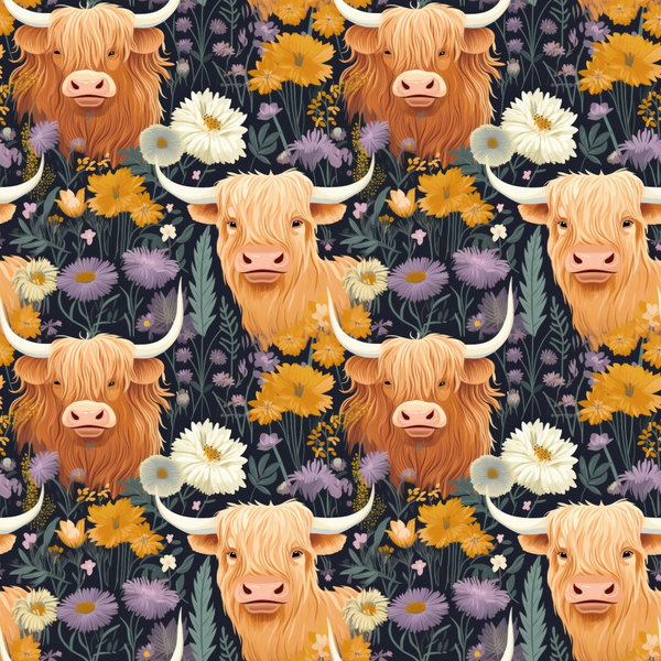 highland cows, floral pattern, orange flowers, purple blooms, white daisies, botanical design, farm animals, cute cows,, fabric panel, repeating pattern, rustic charm, country style, pastoral theme, wildflowers, meadow flowers, auburn hair, horned cattle, nature motifs, whimsical illustration