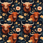 highland cows, floral pattern, orange flowers, navy background,, fabric panel, rustic cattle, long horns, shaggy fur, botanical elements, autumn colors, peach blooms, country farmhouse, repeating design, craft fabric, sewing material, pastoral theme, folk art style, warm earth tones, decorative motifs