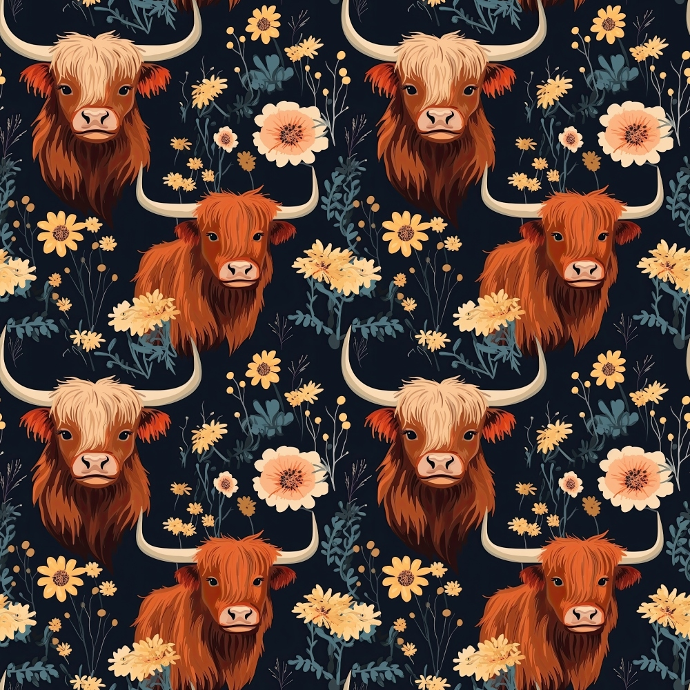 highland cows, floral pattern, orange flowers, navy background,, fabric panel, rustic cattle, long horns, shaggy fur, botanical elements, autumn colors, peach blooms, country farmhouse, repeating design, craft fabric, sewing material, pastoral theme, folk art style, warm earth tones, decorative motifs