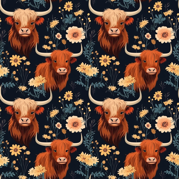 highland cows, floral pattern, orange flowers, navy background,, fabric panel, rustic cattle, long horns, shaggy fur, botanical elements, autumn colors, peach blooms, country farmhouse, repeating design, craft fabric, sewing material, pastoral theme, folk art style, warm earth tones, decorative motifs