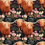 highland cows, floral pattern,, fabric panel, orange fur, blonde bangs, long horns, pink roses, wildflowers, black background, pastoral scene, rustic charm, farm animals, botanical elements, repeating motif, cottage core, country style, shaggy cattle, meadow flowers, nature design