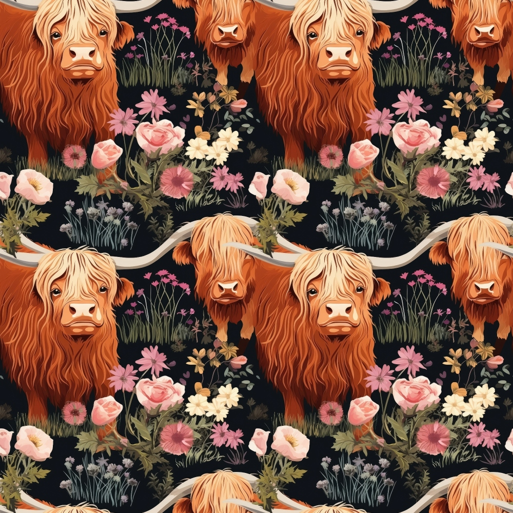 highland cows, floral pattern,, fabric panel, orange fur, blonde bangs, long horns, pink roses, wildflowers, black background, pastoral scene, rustic charm, farm animals, botanical elements, repeating motif, cottage core, country style, shaggy cattle, meadow flowers, nature design