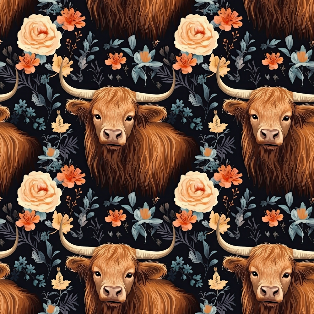 highland cattle, floral pattern, rustic brown, peach roses, orange flowers, black background, long horned cows, botanical elements,, fabric panel, country style, farm animals, auburn fur, sage green leaves, repeating pattern, western theme, pastoral design, cottage core, vintage florals, textile design