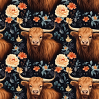 highland cattle, floral pattern, rustic brown, peach roses, orange flowers, black background, long horned cows, botanical elements,, fabric panel, country style, farm animals, auburn fur, sage green leaves, repeating pattern, western theme, pastoral design, cottage core, vintage florals, textile design