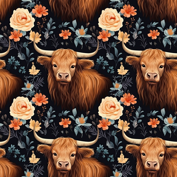 highland cattle, floral pattern, rustic brown, peach roses, orange flowers, black background, long horned cows, botanical elements,, fabric panel, country style, farm animals, auburn fur, sage green leaves, repeating pattern, western theme, pastoral design, cottage core, vintage florals, textile design