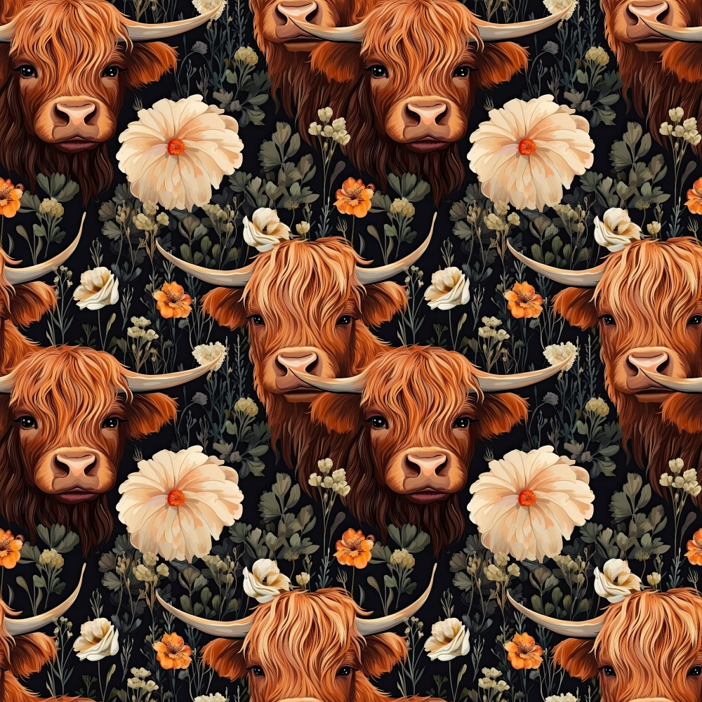 highland cows, floral pattern, orange fur, cream flowers, dark background, botanical elements,, fabric panel, rustic charm, farm animals, nature motif, earthy tones, pastoral design, cottage core, country style, repeating pattern, textile art, crafting material