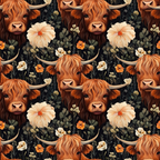 highland cows, floral pattern, orange fur, cream flowers, dark background, botanical elements,, fabric panel, rustic charm, farm animals, nature motif, earthy tones, pastoral design, cottage core, country style, repeating pattern, textile art, crafting material