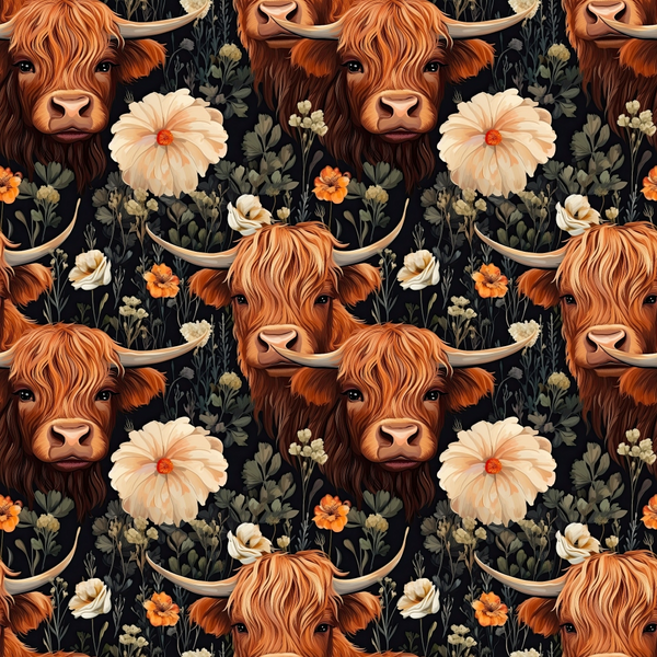 highland cows, floral pattern, orange fur, cream flowers, dark background, botanical elements,, fabric panel, rustic charm, farm animals, nature motif, earthy tones, pastoral design, cottage core, country style, repeating pattern, textile art, crafting material
