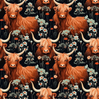 highland cows, floral pattern, orange fur, cream horns, black background, daisies, wildflowers, white flowers, rustic style, farm animals, scottish cattle, botanical elements,, fabric panel, pastoral theme, country style, repeating pattern, long-haired cattle, meadow flowers, earthy tones