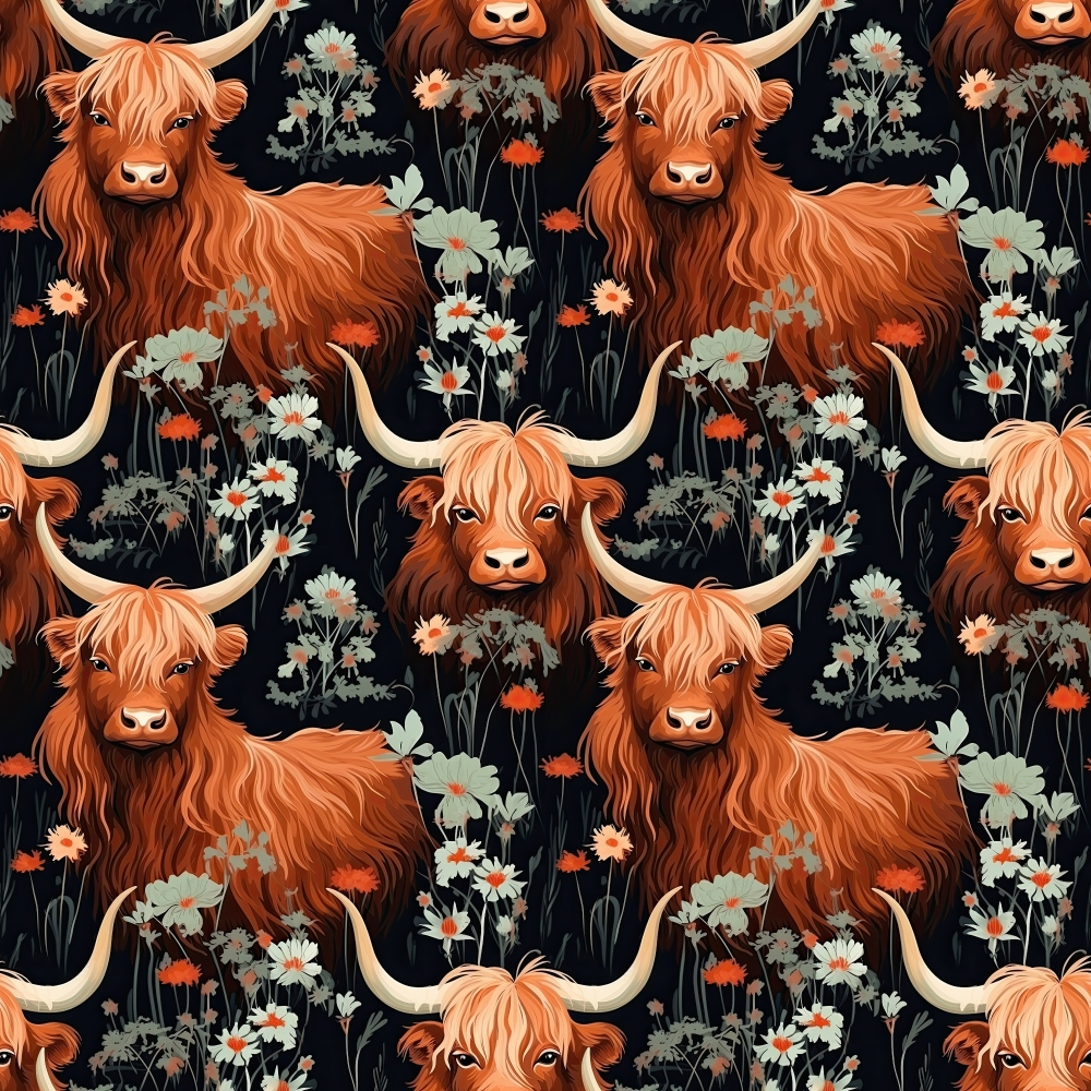 highland cows, floral pattern, orange fur, cream horns, black background, daisies, wildflowers, white flowers, rustic style, farm animals, scottish cattle, botanical elements,, fabric panel, pastoral theme, country style, repeating pattern, long-haired cattle, meadow flowers, earthy tones