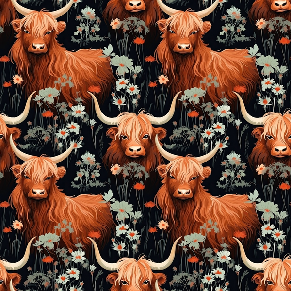 highland cows, floral pattern, orange fur, cream horns, black background, daisies, wildflowers, white flowers, rustic style, farm animals, scottish cattle, botanical elements,, fabric panel, pastoral theme, country style, repeating pattern, long-haired cattle, meadow flowers, earthy tones